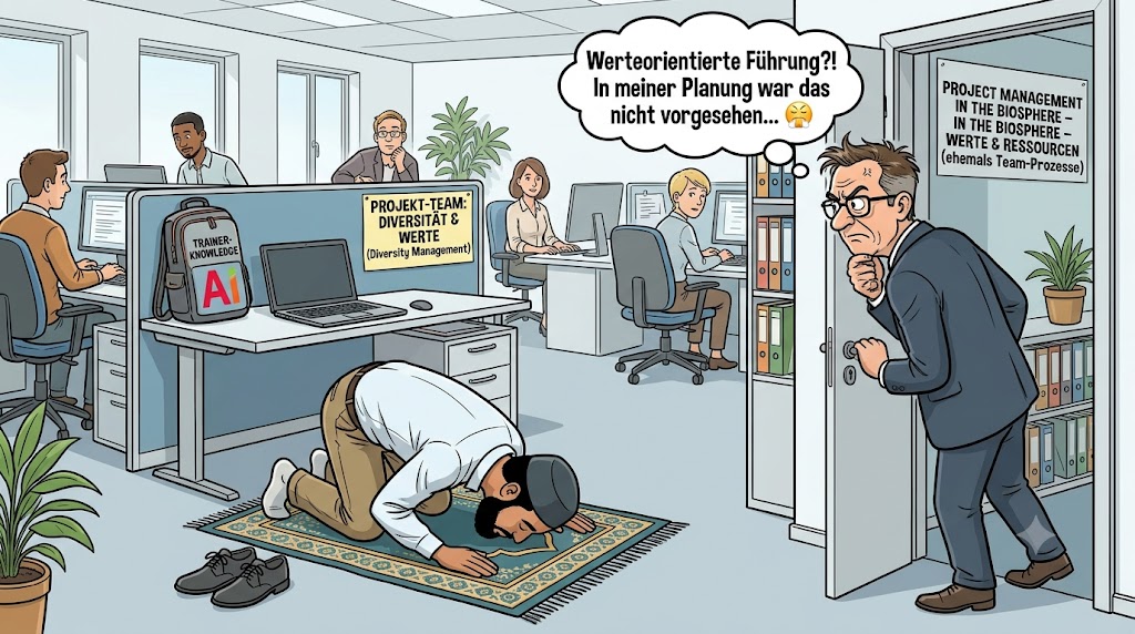 Eine humorvolle Comic-Karikatur zum Thema werteorientierte Führung, die einen muslimischen Mitarbeiter zeigt, der in einem Büro auf seinem Teppich betet, während sein Chef missbilligend durch die Tür blickt.