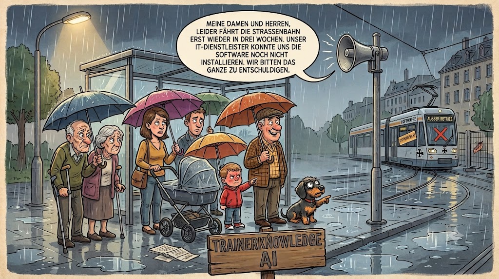 Wartende Fahrgäste mit Regenschirmen und ein erstaunter Dackel an einer verregneten Haltestelle hören eine Lautsprecherdurchsage über den dreiwöchigen Ausfall der Straßenbahn wegen IT-Softwareproblemen beim Dienstleister.