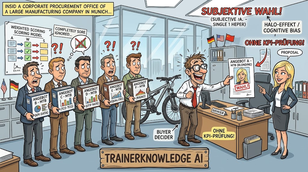 • Lieferantenbewertung und Auswahlkriterien nach PMI PMP-Standards für TRAINERKNOWLEDGE AI zur Veranschaulichung objektiver Bewertungsmatrizen im Beschaffungsmanagement.