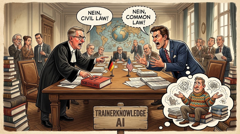 Didaktische PMP-Karikatur von TRAINERKNOWLEDGE AI: Ein deutscher Anwalt in Robe und ein US-Anwalt im Nadelstreifenanzug streiten am Verhandlungstisch lautstark über Civil Law versus Common Law im internationalen Beschaffungsmanagement.