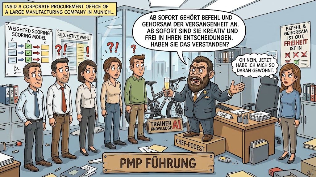 Didaktische Comic-Karikatur zu Führungsstilen, Change Management und Agilität nach PMI PMP-Standards für TRAINERKNOWLEDGE AI, die den paradoxen Befehl zu Selbstorganisation illustriert.