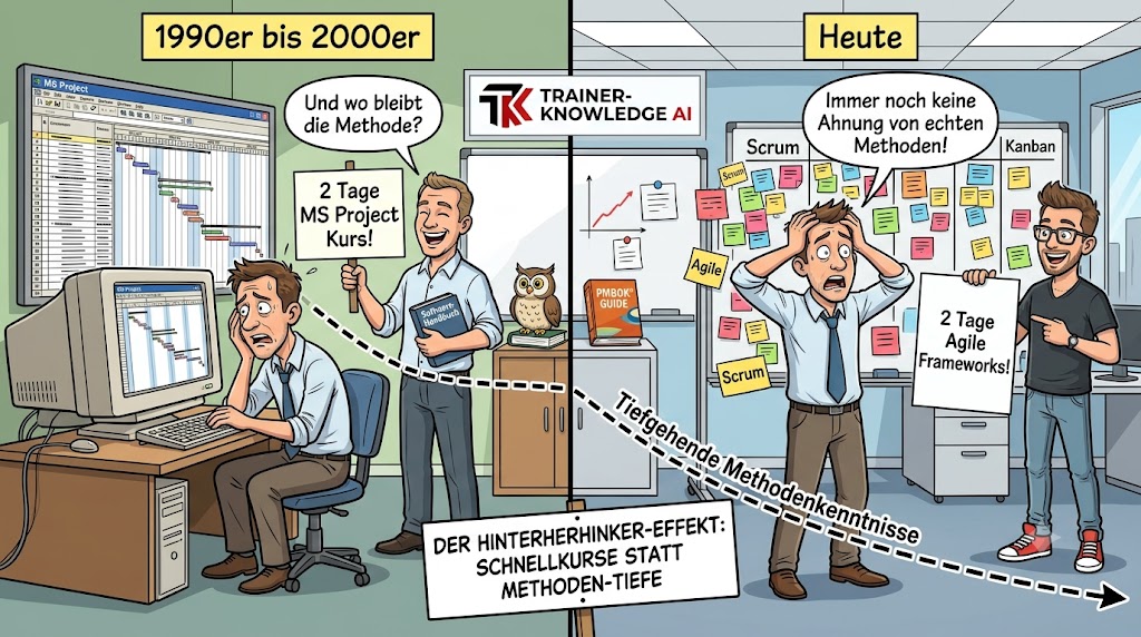 Eine Splitscreen-Karikatur veranschaulicht den „Hinterherhinker-Effekt“ im deutschen Projektmanagement durch den Vergleich von zweitägigen MS-Project-Schulungen früher und zweitägigen Agile-Framework-Kursen heute, während tiefgehendes Methodenwissen auf der Strecke bleibt.