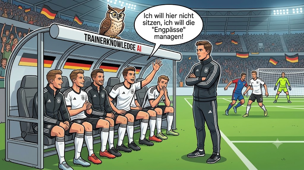 Ein ehrgeiziger Nationalspieler auf einer gut besetzten Auswechselbank meldet sich energisch beim Trainer, um "Engpässe" auf dem Spielfeld zu managen, während im Hintergrund das Spiel läuft.