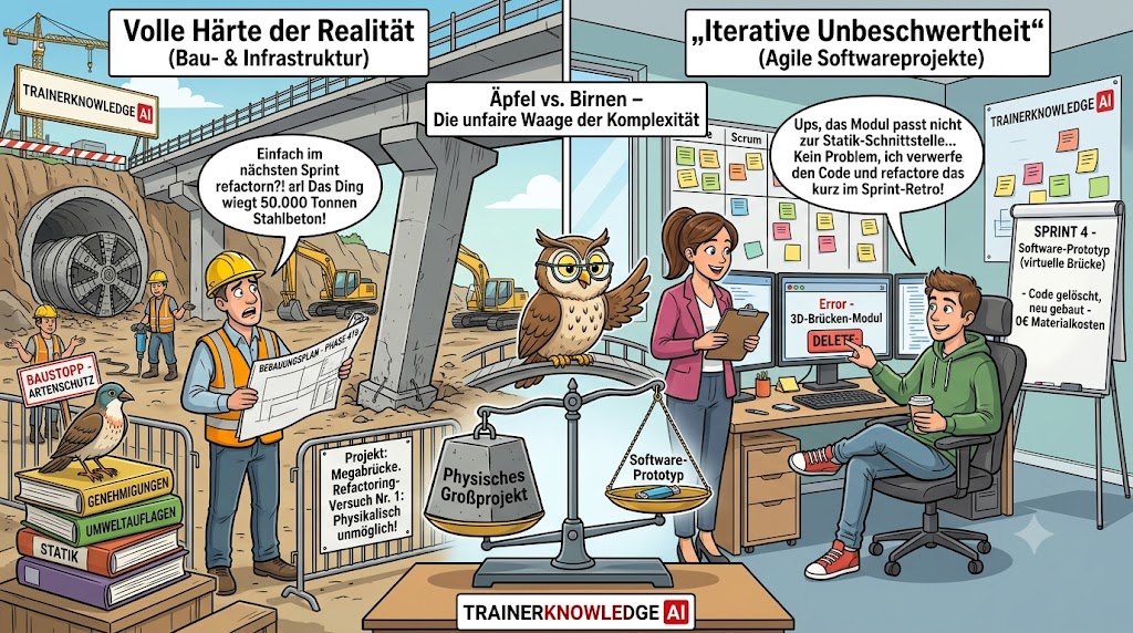 Eine humorvolle Karikatur vergleicht ein massives, physisches Bauprojekt (Betonbrücke und Tunnel) mit einem leicht formbaren Software-Prototyp im agilen Büro und zeigt die physikalische und bürokratische Unvergleichbarkeit.