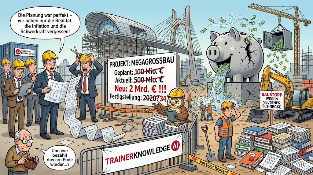 Eine humorvolle Karikatur über die Kostenexplosion bei Großprojekten in Deutschland mit einer chaotischen Baustelle, steigenden Milliardenkosten auf dem Schild, unzähligen Aktenordnern und besorgten Planern.