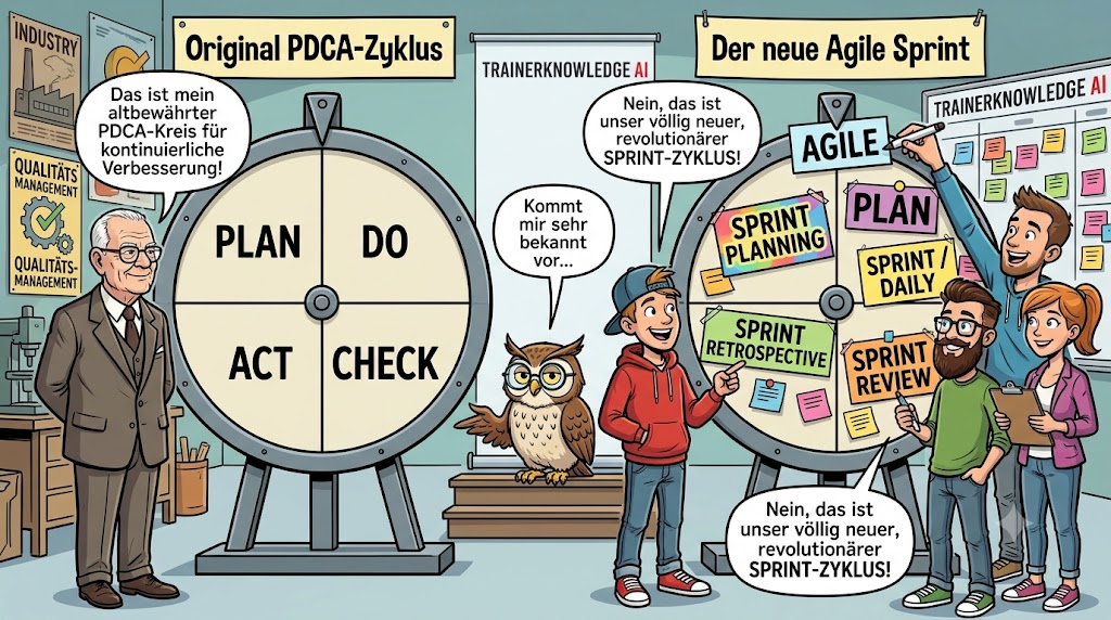 Eine Karikatur vergleicht den klassischen Deming-Kreis Plan-Do-Check-Act mit den neuen Begriffen der agilen Methode Scrum.