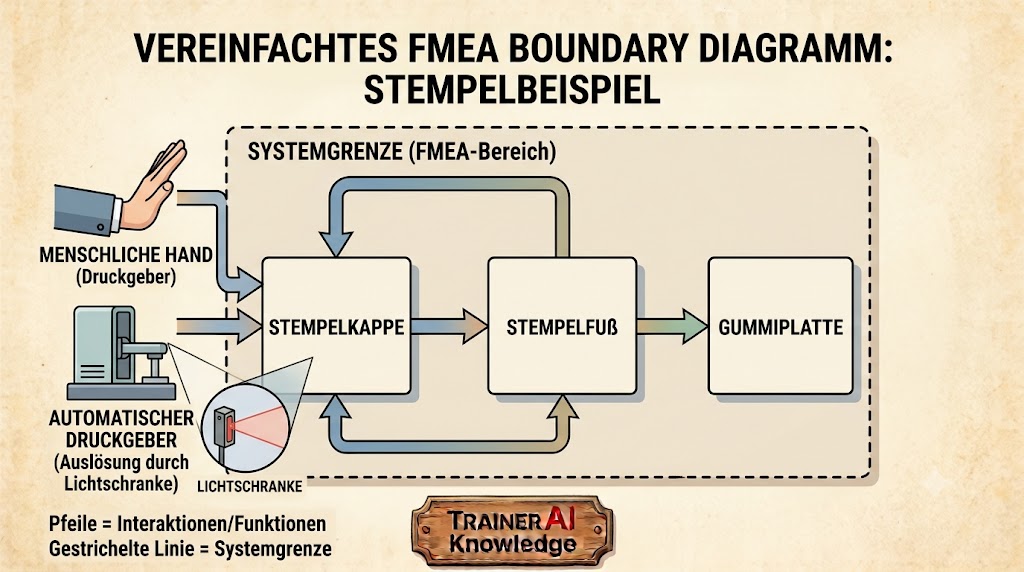 Didaktisches FMEA Boundary Diagramm von TRAINERKNOWLEDGE AI am Stempelbeispiel mit Systemgrenze, den Komponenten Stempelkappe, Stempelfuß, Gummiplatte und den Schnittstellen Menschliche Hand sowie Automatischer Druckgeber.