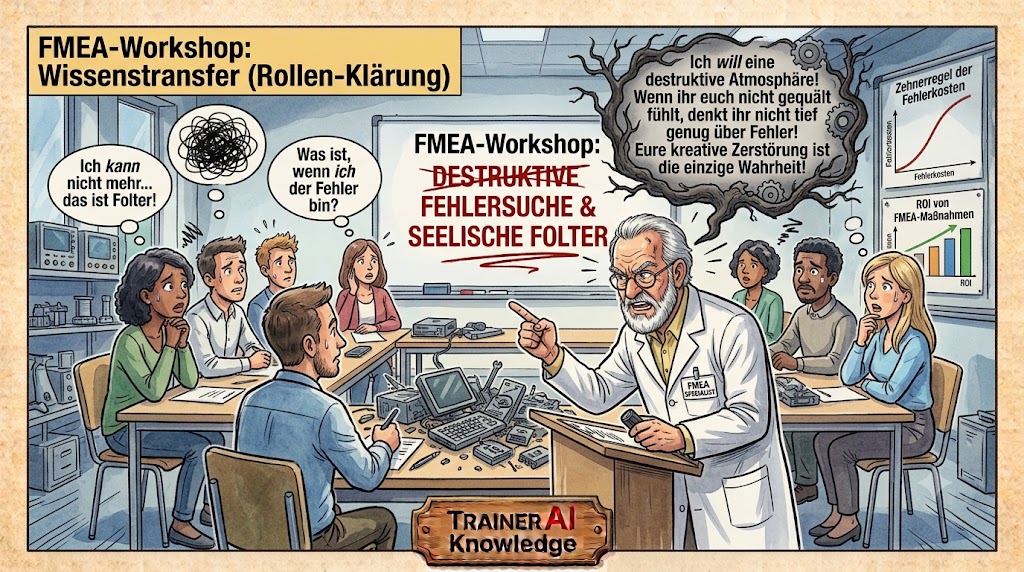 Karikatur von TRAINERKNOWLEDGE AI: FMEA-Moderator erzeugt im Workshop bewusst eine destruktive Atmosphäre, damit die Teilnehmer gequält und tiefgründig über potenzielle Fehlerquellen nachdenken.