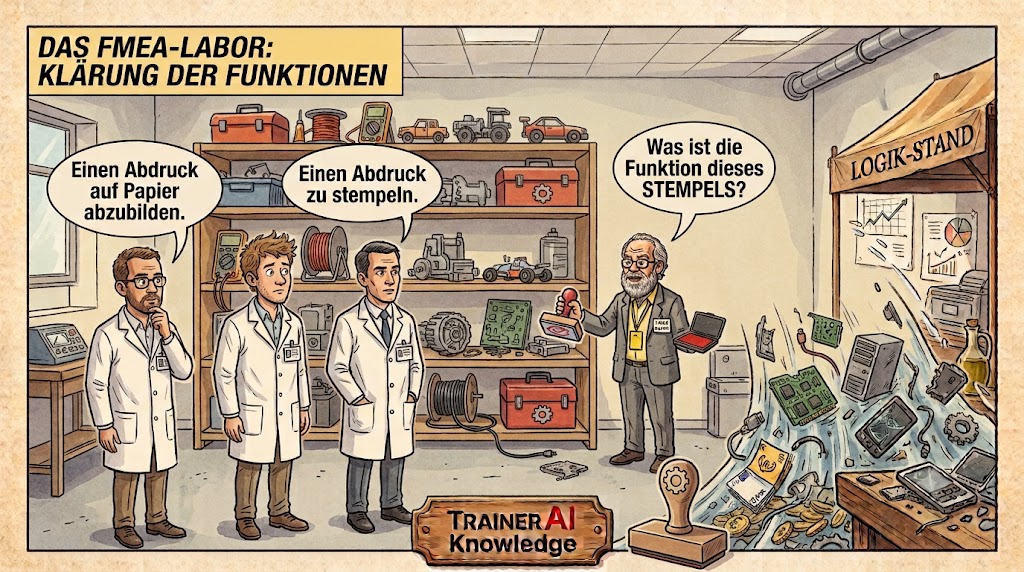 FMEA-Spezialist befragt drei Testingenieure im Labor nach der genauen Funktion eines Stempels.
