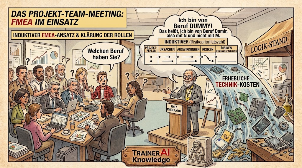 FMEA-Moderator im Meetingraum zur Klärung der fachlich neutralen Moderatorenrolle zur Aufdeckung von blinden Flecken und Risiken im Qualitätsmanagement.