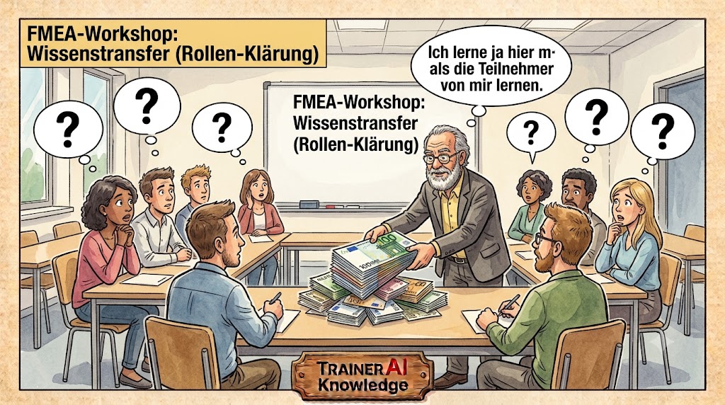 FMEA-Moderator legt im Schulungsraum Geldscheine auf den Tisch mit der Denkblase "Ich lerne ja hier mehr als die Teilnehmer von mir lernen", während die Teilnehmer Fragezeichen über den Köpfen haben.