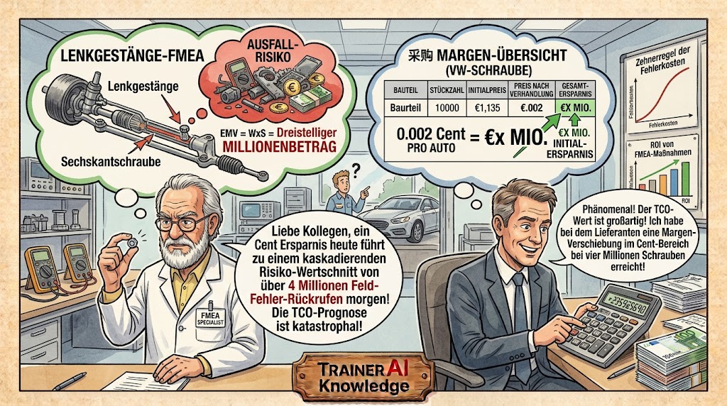 FMEA-Spezialist hält eine kleine Lenkgetriebe-Schraube hoch und warnt vor Millionen-Rückrufen, während der Einkäufer sich über Cent-Ersparnisse freut.