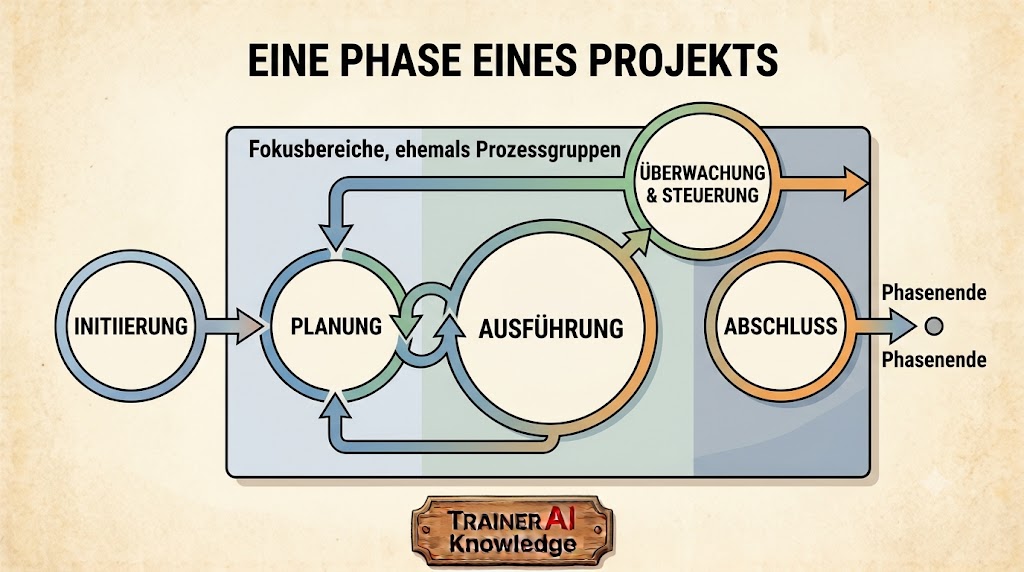Prozessdiagramm zum Zusammenspiel der fünf Fokusbereiche von der Initiierung über Planung, Ausführung und Überwachung bis zum Projektabschluss für die PMP-Prüfungsvorbereitung.