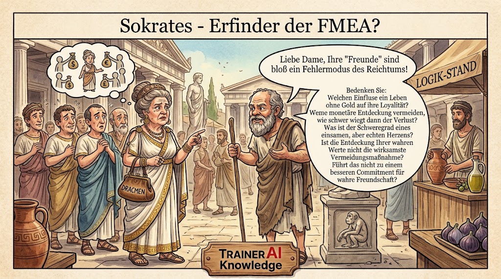 • Sokrates auf der Agora zur Veranschaulichung der Mäeutik als Fragetechnik für Ursachenanalyse und FMEA-Prinzipien im Risikomanagement.
