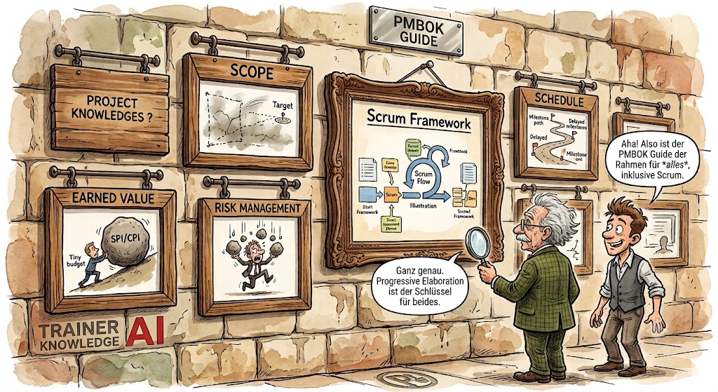 Karikatur einer gemauerten Wand mit angehefteten Holztafeln für PMBOK-Disziplinen wie Scope und Risiko sowie einem zentralen, vergoldeten Bilderrahmen für das Scrum Framework.