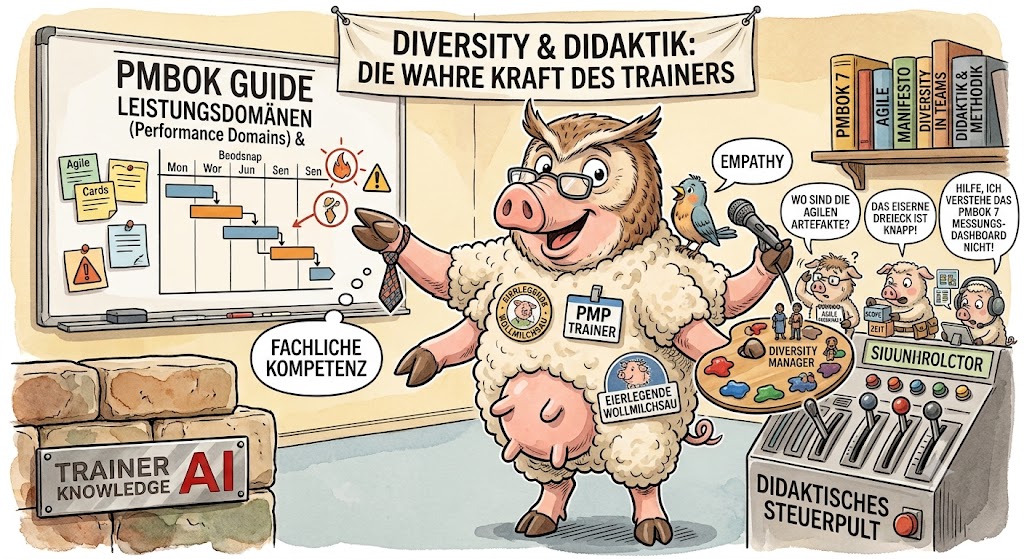 Karikatur eines PMP-Trainers als eierlegende Wollmilchsau, der kleinere Wollmilchsau-Schüler in Didaktik, Diversity und PMBOK-Leistungsdomänen unterrichtet.