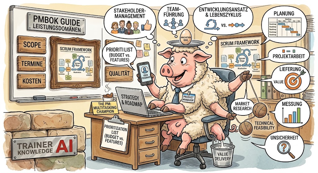 Satirische Karikatur einer eierlegenden Wollmilchsau im Büro als Sinnbild für die vielfältigen Rollen und Anforderungsprofile eines Produktmanagers.
