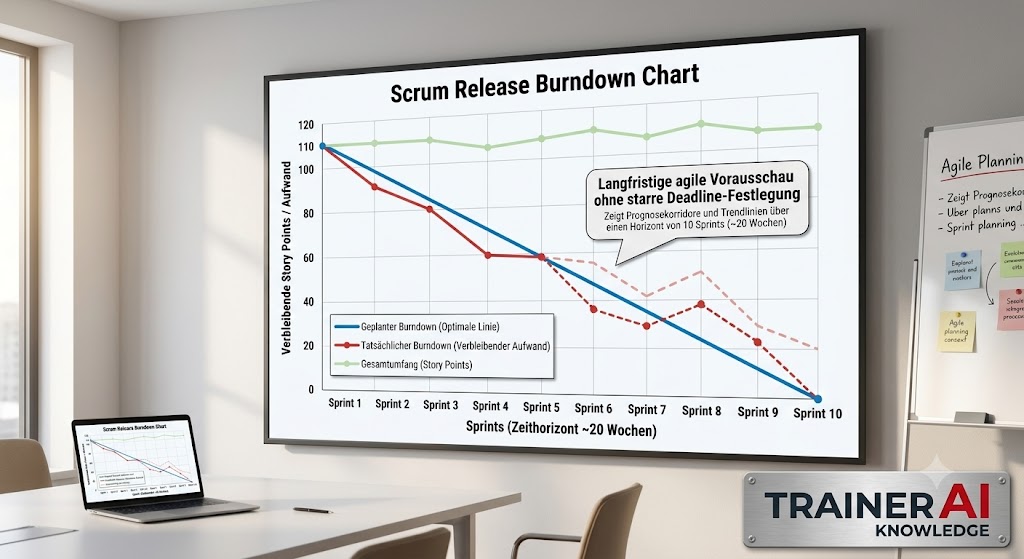 Release-Burndown-Diagramm in Scrum mit 10 Sprints auf der X-Achse und Story Points auf der Y-Achse als Beispiel für langfristige agile Vorausschau.