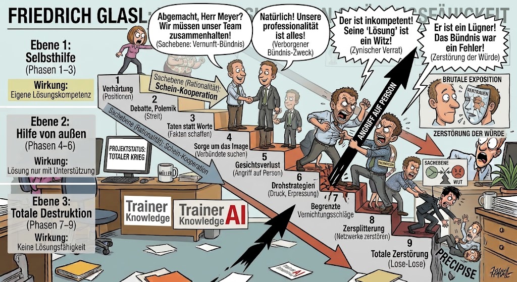 Büro-Karikatur zur Konflikteskalation nach Friedrich Glasl: Darstellung der 9 Phasen mit Fokus auf Stufe 5 Gesichtsverlust und den Übergang zu Drohstrategien.