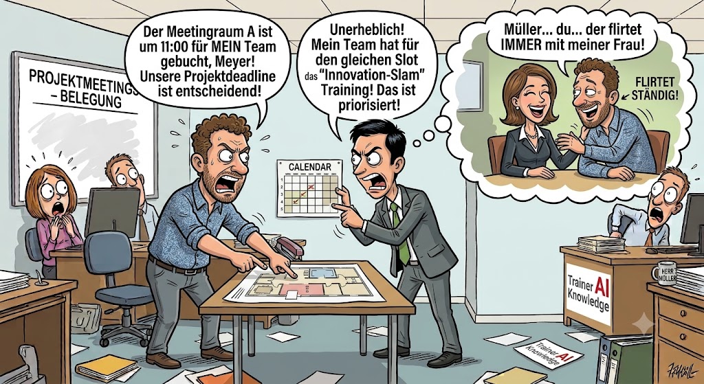 Büro-Karikatur: Zwei Abteilungsleiter, Herr Müller und Herr Meyer, streiten sich lautstark um die Nutzung eines Meetingraums, während Meyer im Hinterkopf eine Denkblase hat, in der Müller mit seiner Frau flirtet.
