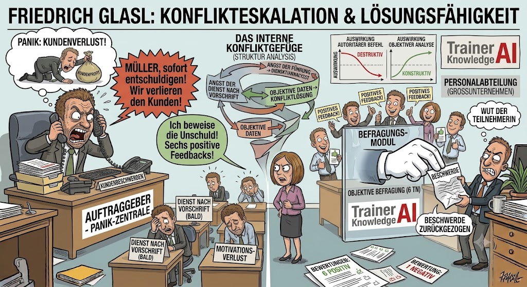 Büro-Karikatur zum Konfliktgefüge: Ein panischer Auftraggeber fordert voreilig eine Entschuldigung, während eine objektive Befragung von 6 Kursteilnehmern die Unschuld des Trainers beweist.
