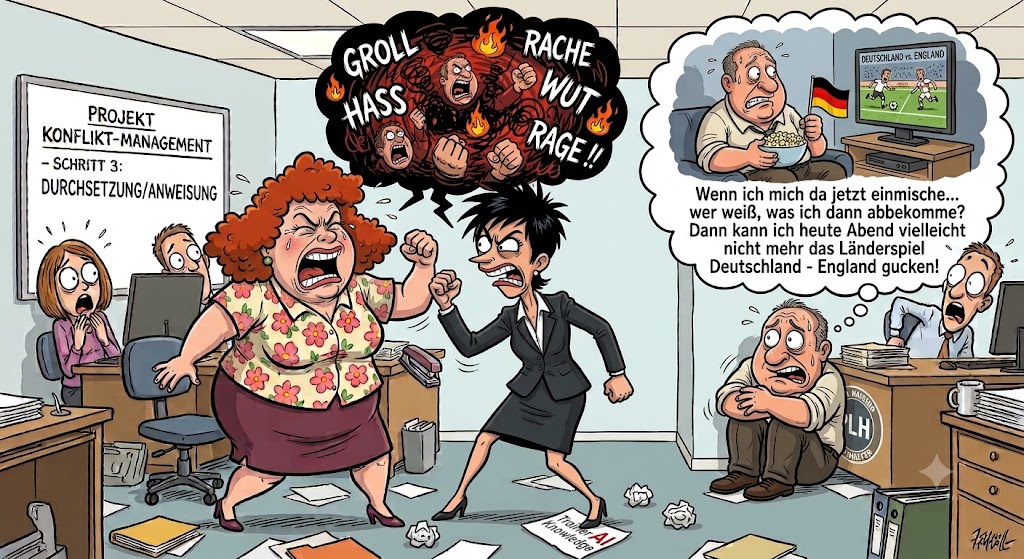 Humorvolle Karikatur zur Rückzug/Vermeidung-Konfliktlösungsmethode: Ein ängstlicher Teamleiter kauert in der Ecke, während zwei Kolleginnen streiten, und sorgt sich um sein Fußballspiel.