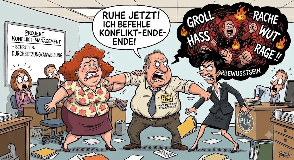 Humorvolle Karikatur zur Win-Lose-Konfliktlösungsmethode: Ein autoritärer Teamleiter erzwingt ein Konfliktende, während der verdeckte Groll im Unterbewusstsein der Beteiligten brodelt.