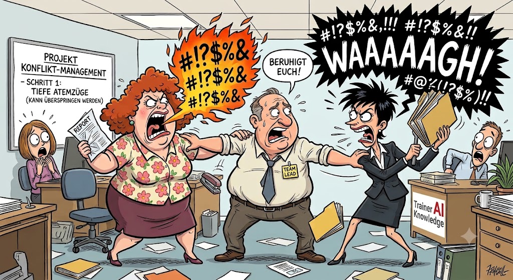 Humorvolle Karikatur zum Thema Konfliktmanagement im Büro mit zwei streitenden Kolleginnen und einem vermittelnden Teamleiter, Brand-Logo Trainer Knowledge AI.