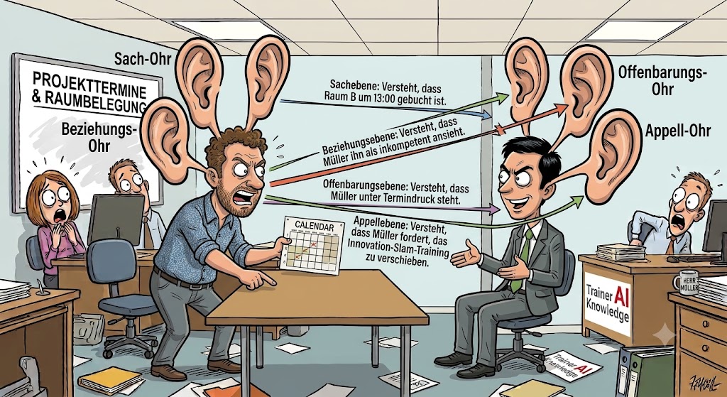 Büro-Karikatur zum 4-Ohren-Modell von Schulz von Thun: Ein Sprecher mit riesigen Ohren verdeutlicht die vier Ebenen (Sachebene, Beziehungsebene, Offenbarungsebene, Appellebene) im Projektkonflikt.