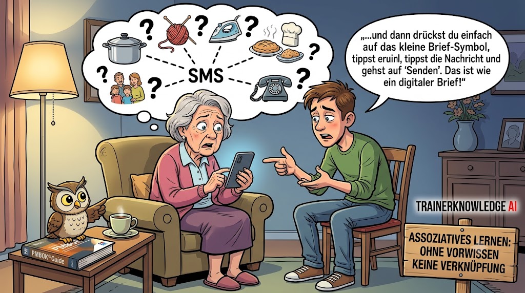 Ein junger Mann versucht seiner überforderten Großmutter das Senden einer SMS zu erklären, während in ihrer Denkblase alltägliche Hausarbeits-Assoziationen ohne Verknüpfung zum Smartphone kreisen.