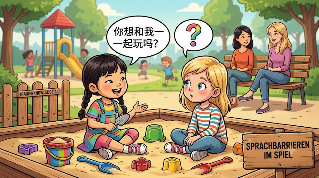 Zwei kleine Mädchen im Sandkasten, von denen das chinesische Mädchen spricht, während das andere ein Fragezeichen bzgl. der komischen Zeichen, in der Sprechblase hat und sie nicht versteht.