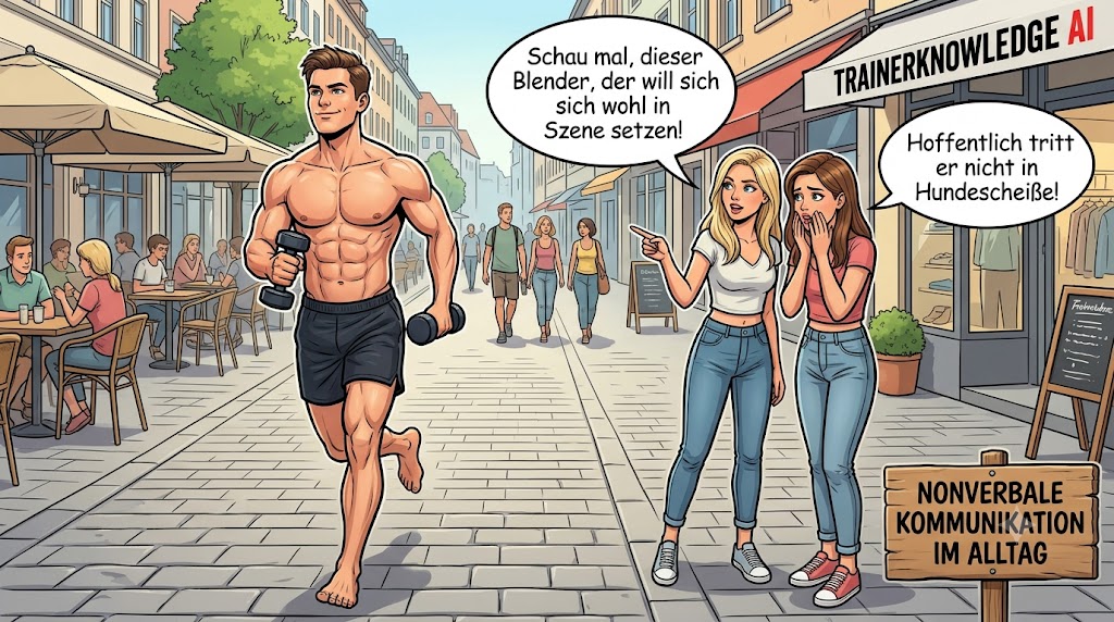 Zwei Frauen tuscheln ueber einen stolzen, barfuessigen Jogger mit Hanteln in der Innenstadt, wobei eine ihn als Blender bezeichnet und die andere sich sorgt, dass er in Hundescheisse tritt.