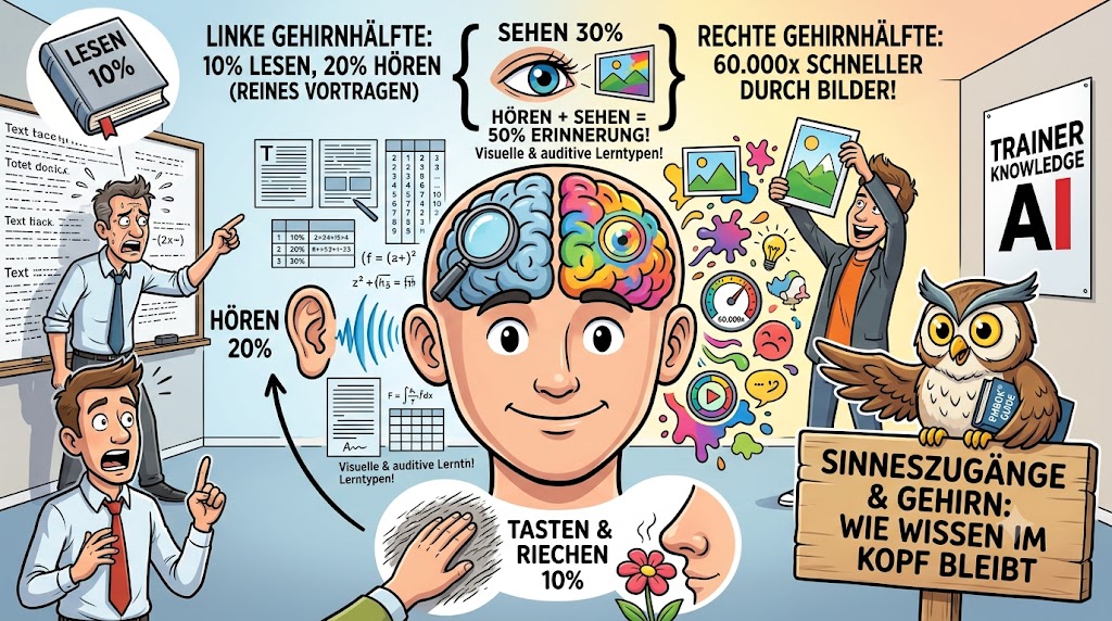 Eine didaktische Karikatur zeigt den Kopf eines Lernenden mit den unterschiedlichen Aufgaben der Gehirnhälften sowie die Prozentanteile der Sinneszugänge wie Sehen, Hören, Lesen und Fühlen.