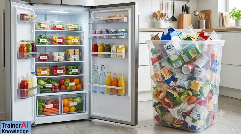 Ein perfekt aufgeräumter, geöffneter Kühlschrank steht neben einem komplett überfüllten, transparenten Mülleimer in einer modernen Küche.