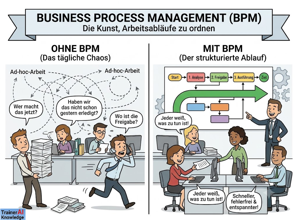 Infografik-Karikatur zu Business Process Management (BPM): Der direkte Vergleich zeigt links das typische Chaos in Unternehmen ohne definierte Abläufe („Ohne BPM“) und rechts die strukturierte, fehlerfreie Zusammenarbeit nach Einführung klarer Prozessmodelle („Mit BPM“).