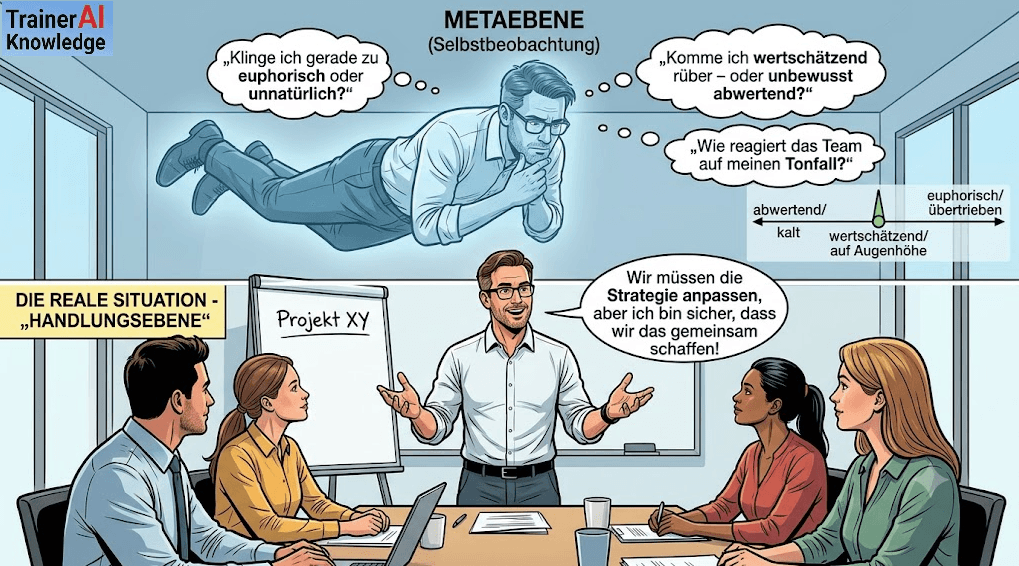 Illustration zur Bedeutung von Blickkontakt in der Kommunikation zwischen Führungskraft und Mitarbeiter mit Beispielen zu Dominanzgesten und Metaebene.