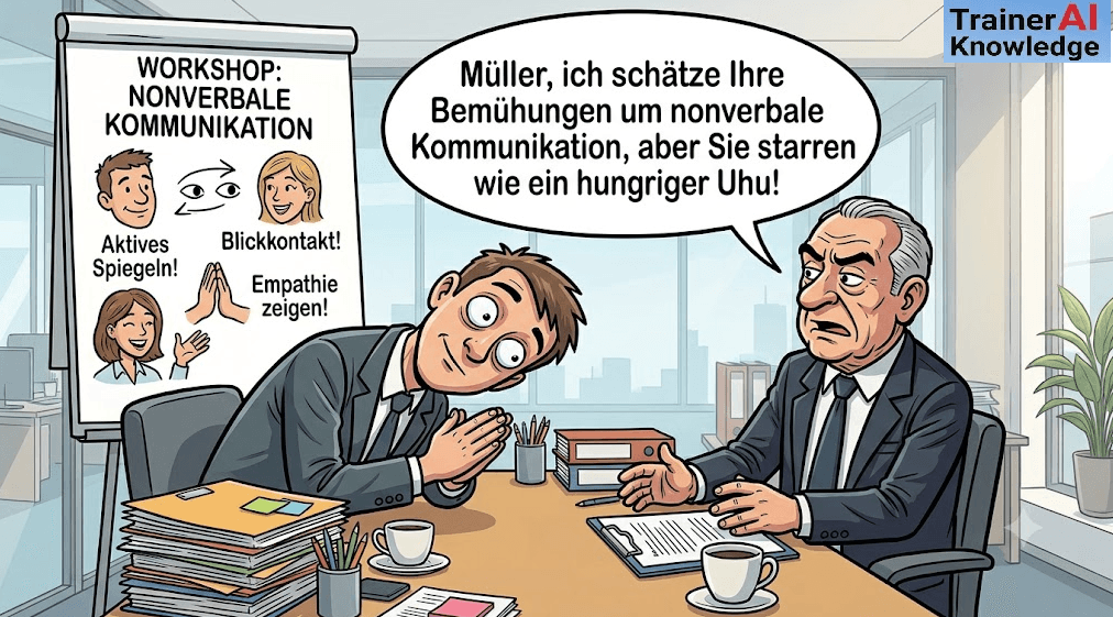 Illustration zur Bedeutung von Blickkontakt in der Kommunikation zwischen Führungskraft und Mitarbeiter mit Beispielen zu Dominanzgesten und Metaebene.