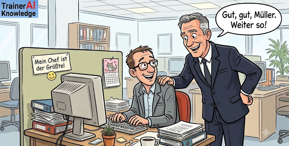 Karikatur zur niedrigen Machtmotivation nach McClelland: Ein Vorgesetzter lobt seinen Mitarbeiter am Schreibtisch mit Schulterklopfen, während an der Stellwand „Mein Chef ist der Größte!“ steht.