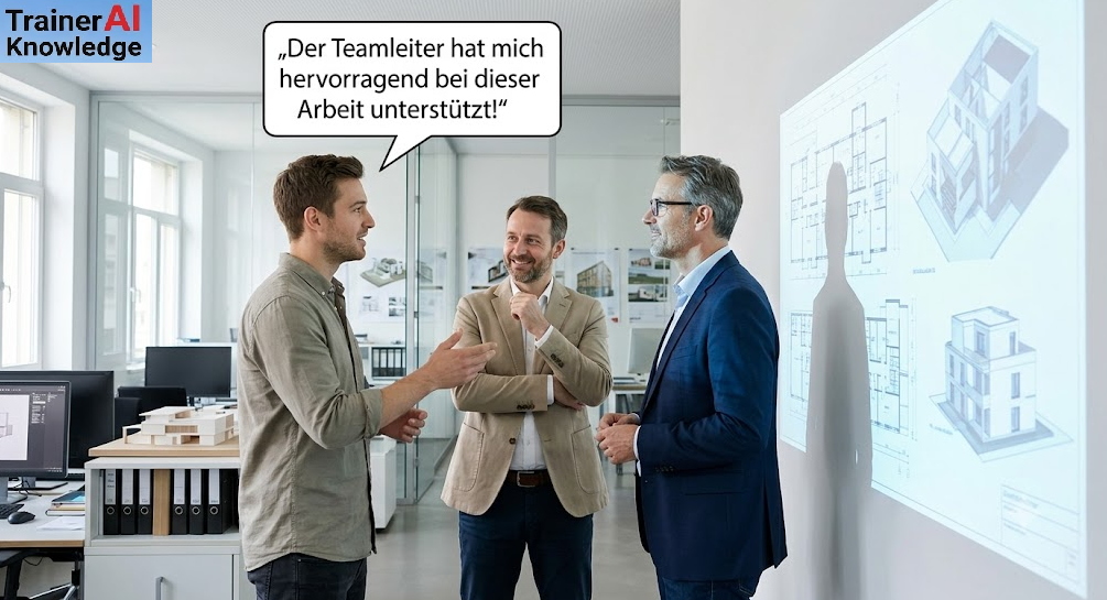 Mitarbeiter lobt seinen Teamleiter gegenüber dem Geschäftsführer: „Der Teamleiter hat mich hervorragend bei dieser Arbeit unterstützt!“