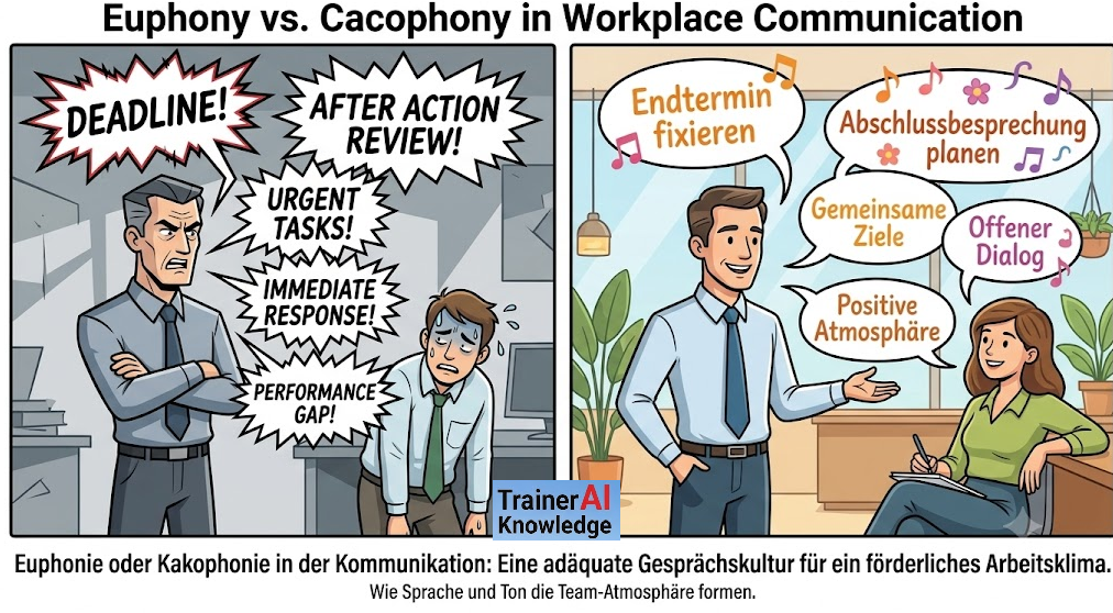 Zweigeteilte Business-Karikatur zum Unterschied zwischen euphonischer und kakophonischer Gesprächskultur in Meetings und bei Arbeitsanweisungen.
