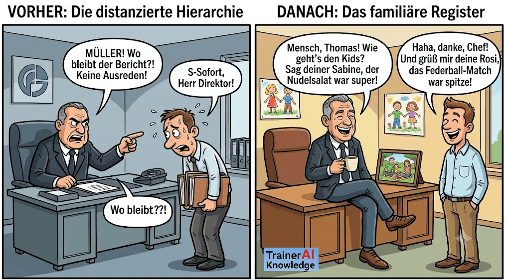 Illustration zur Entstehung eines neuen Sprachregisters durch gemeinsamen sozialen Kontext, dargestellt am Beispiel von Führungskräften im privaten Umfeld sowie Hundebesitzern im Park.
