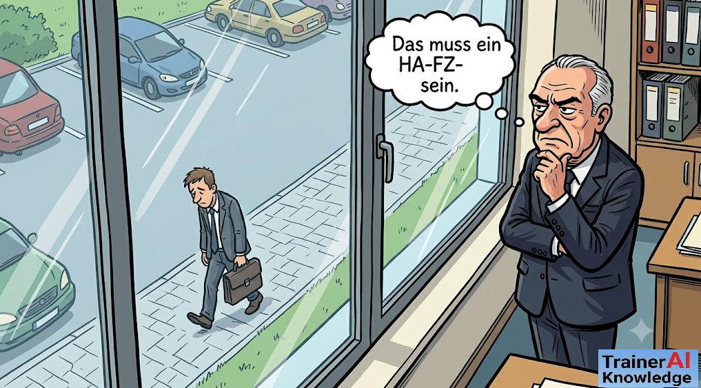 Karikatur zur Zugehörigkeitsmotivation nach McClelland: Ein Chef blickt aus dem Fenster auf einen geknickten Mitarbeiter und denkt „Das muss ein HA-FZ-sein“.