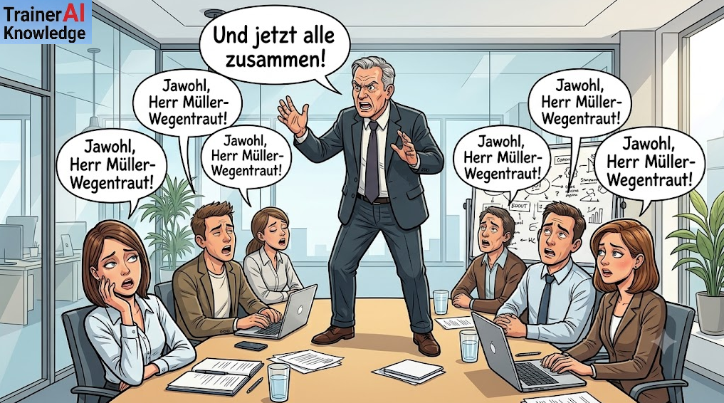 Karikatur zur erzwungenen Zustimmung im Führungskontext: Ein Vorgesetzter steht auf dem Besprechungstisch und ruft Und jetzt alle zusammen, während das Team monoton Jawohl, Herr Müller-Wegentraut antwortet.