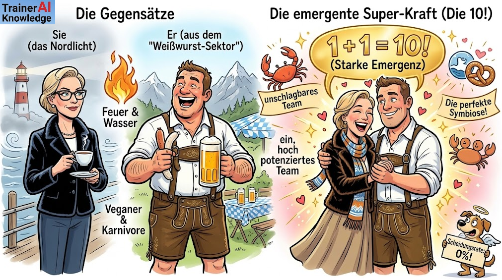 Zweigeteilte Comic-Illustration: Links zwei gegensätzliche Personen (Nordlicht und Bayer/Lederhose) als Feuer und Wasser, rechts beide vereint als strahlendes Team unter der Formel 1+1=10! für starke Emergenz.