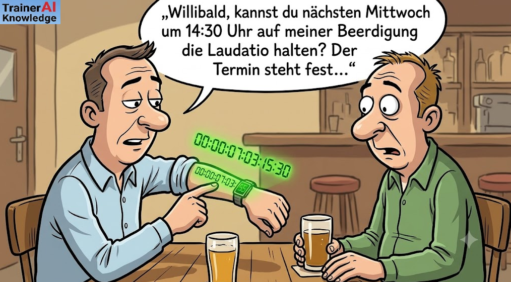Comic-Zeichnung von zwei Männern am Kneipentisch. Einer zeigt auf eine leuchtende Digitaluhr am Arm und fragt den erstaunten Gesprächspartner nach einer Laudatio für seine Beerdigung.