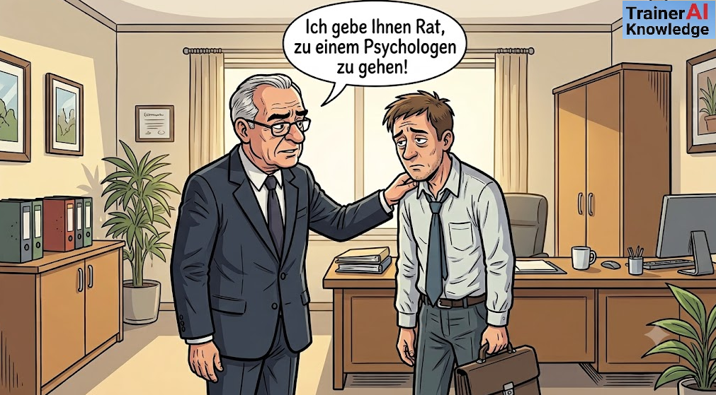 Karikatur zur extremen Zugehörigkeitsmotivation nach McClelland: Ein Chef empfiehlt einem niedergeschlagenen Mitarbeiter mit hängenden Schultern den Besuch bei einem Psychologen.