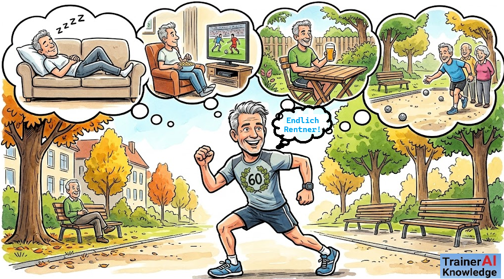 Comic-Illustration eines frohen Mannes im Sportoutfit mit der Aufschrift 60, der den Aufbruch in den Ruhestand feiert und in Gedankenblasen Aktivitäten wie Schlafen, Fernsehen, Biergarten und Boule-Spielen sieht.