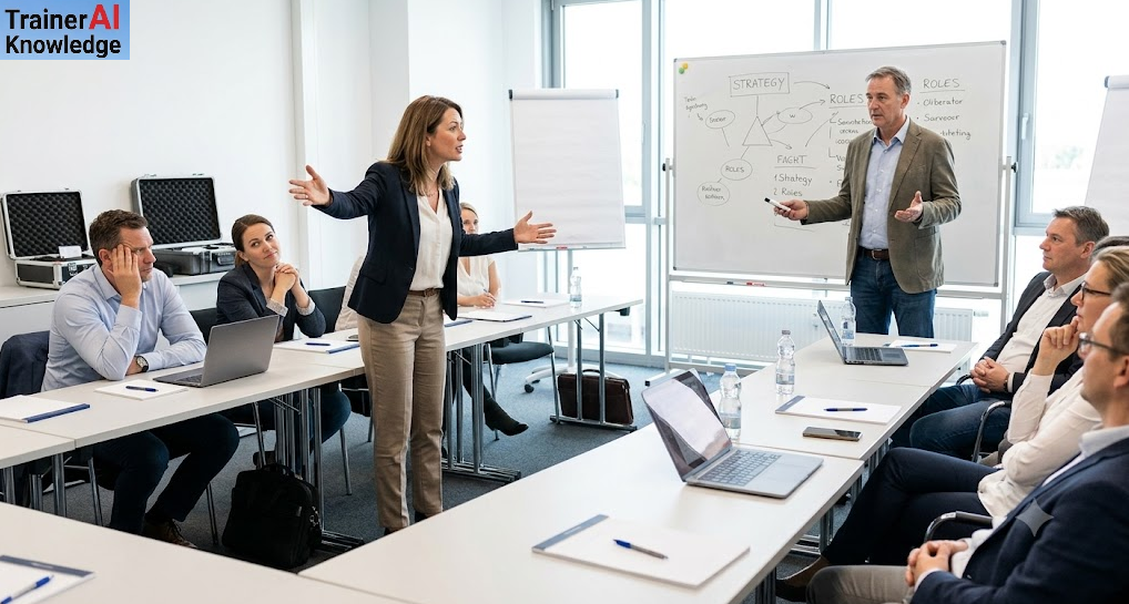 Dominante Kursteilnehmerin unterbricht Training und kritisiert Trainer vor Gruppe: Beispiel für extreme Machtmotivation und didaktischen Konflikt.