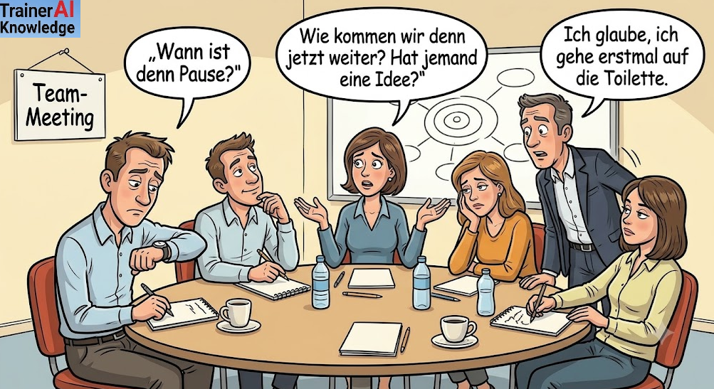 Karikatur zur niedrigen Machtmotivation nach McClelland: Ein Team sitzt unentschlossen im Meeting, stellt ratlose Fragen oder lenkt ab, weil niemand die Führung übernimmt.