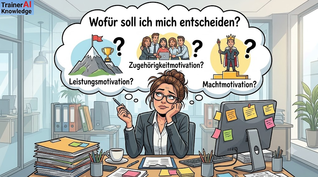 Karikatur zur Motivationstheorie nach McClelland: Eine Mitarbeiterin sitzt ratlos am Schreibtisch und überlegt in einer großen Gedankenblase, ob sie sich für Leistungs-, Zugehörigkeits- oder Machtmotivation entscheiden soll.